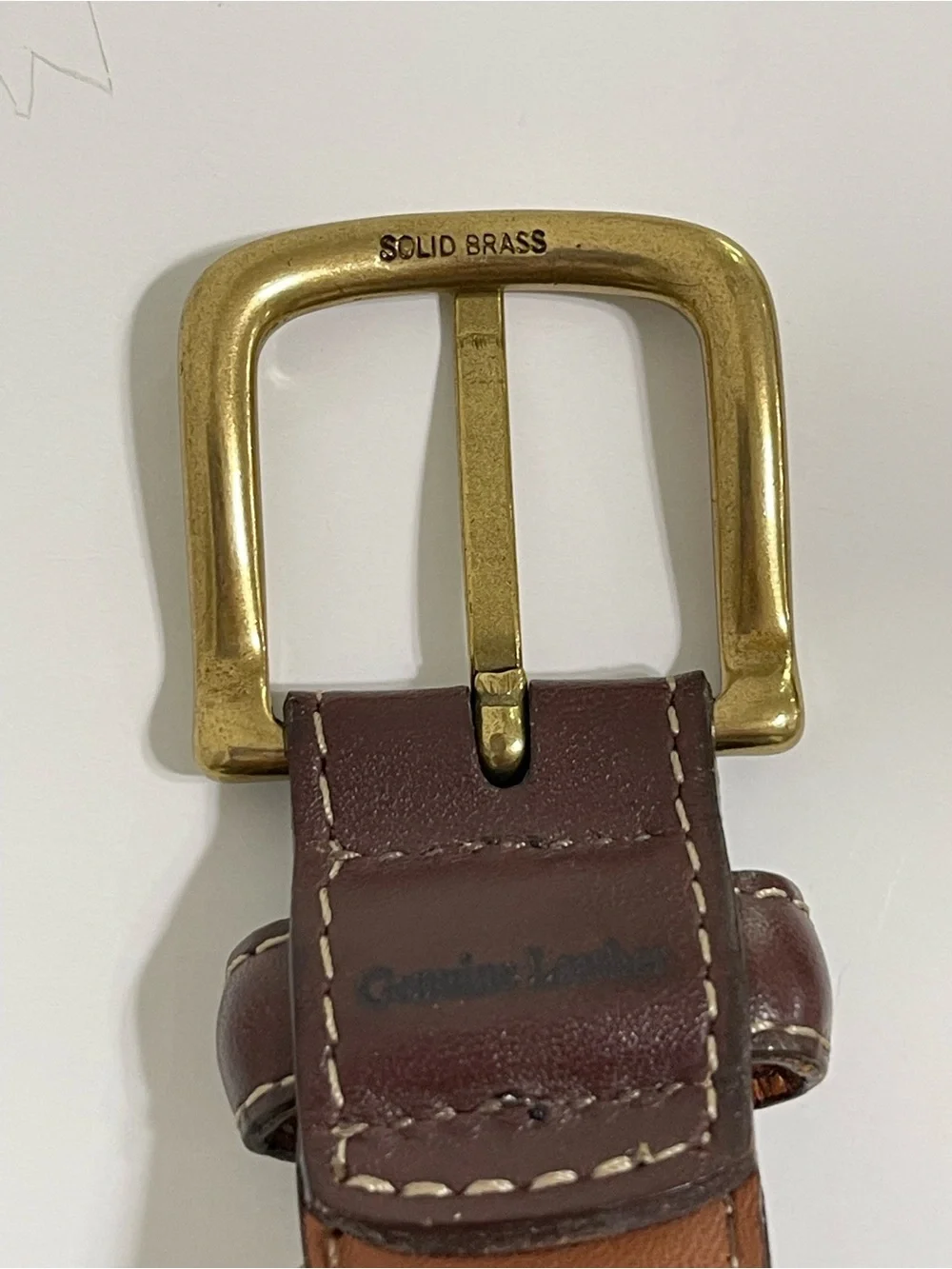 VTG Lands End Olive Green Stretch Belt Leather Trim Solid Brass Buckle Size 44